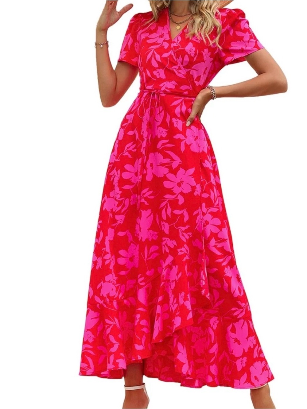 Floral Pink V-Neck Wrap Maxi Dress